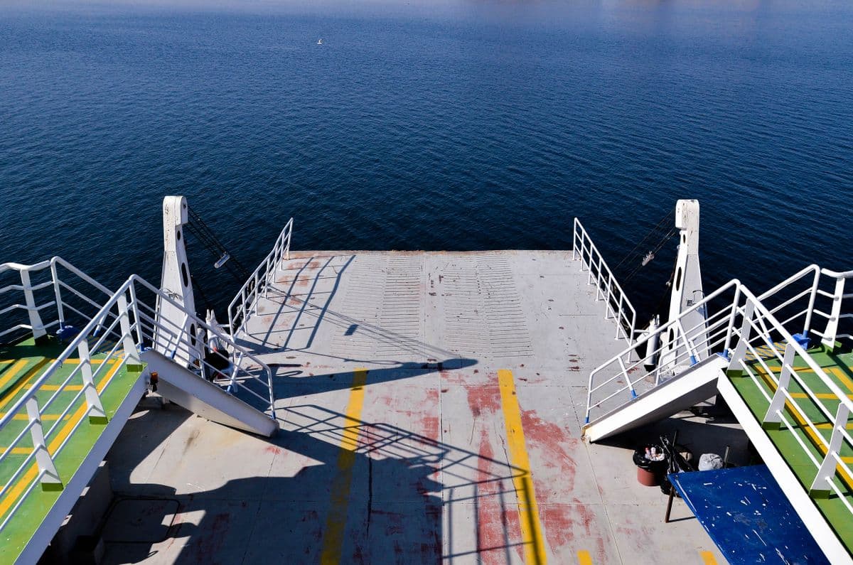 Aerial view of a ship crossing the open sea